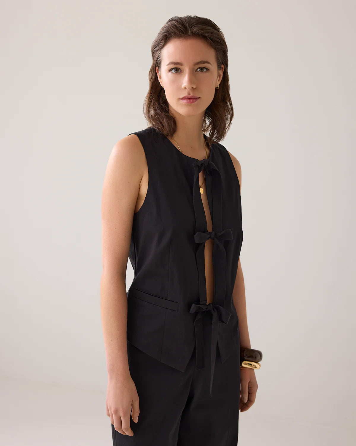100% Cotton Black Gilet with bow fastening