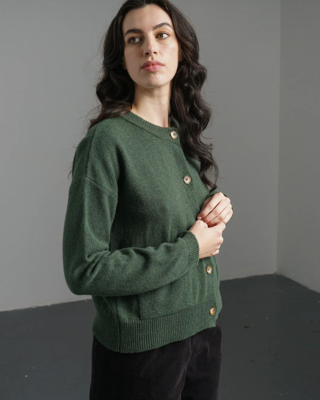 Mira Cropped Cardigan 100% Merino Wool in Rosemary