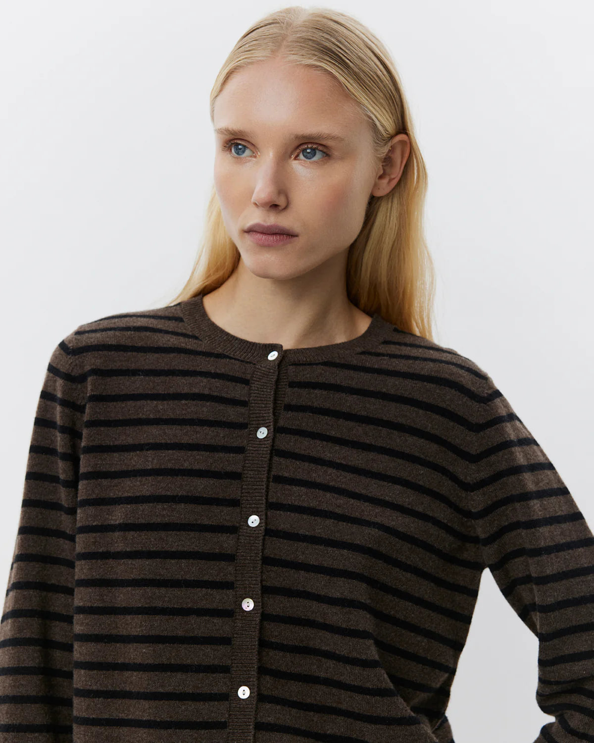 100% Merino Cardigan in Dark Brown and Black Stripe