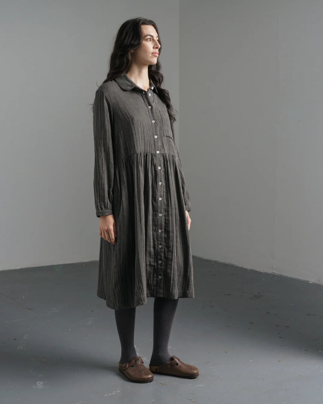 Bea 100% Organic Cotton Shirt Dress in Grey Pinstripe