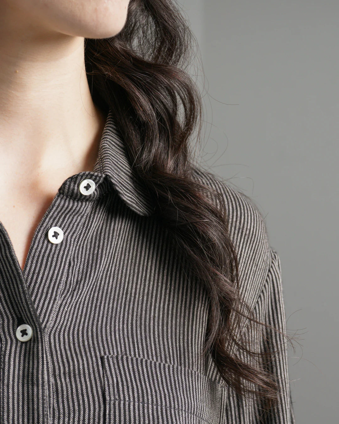 Bea 100% Organic Cotton Shirt Dress in Grey Pinstripe