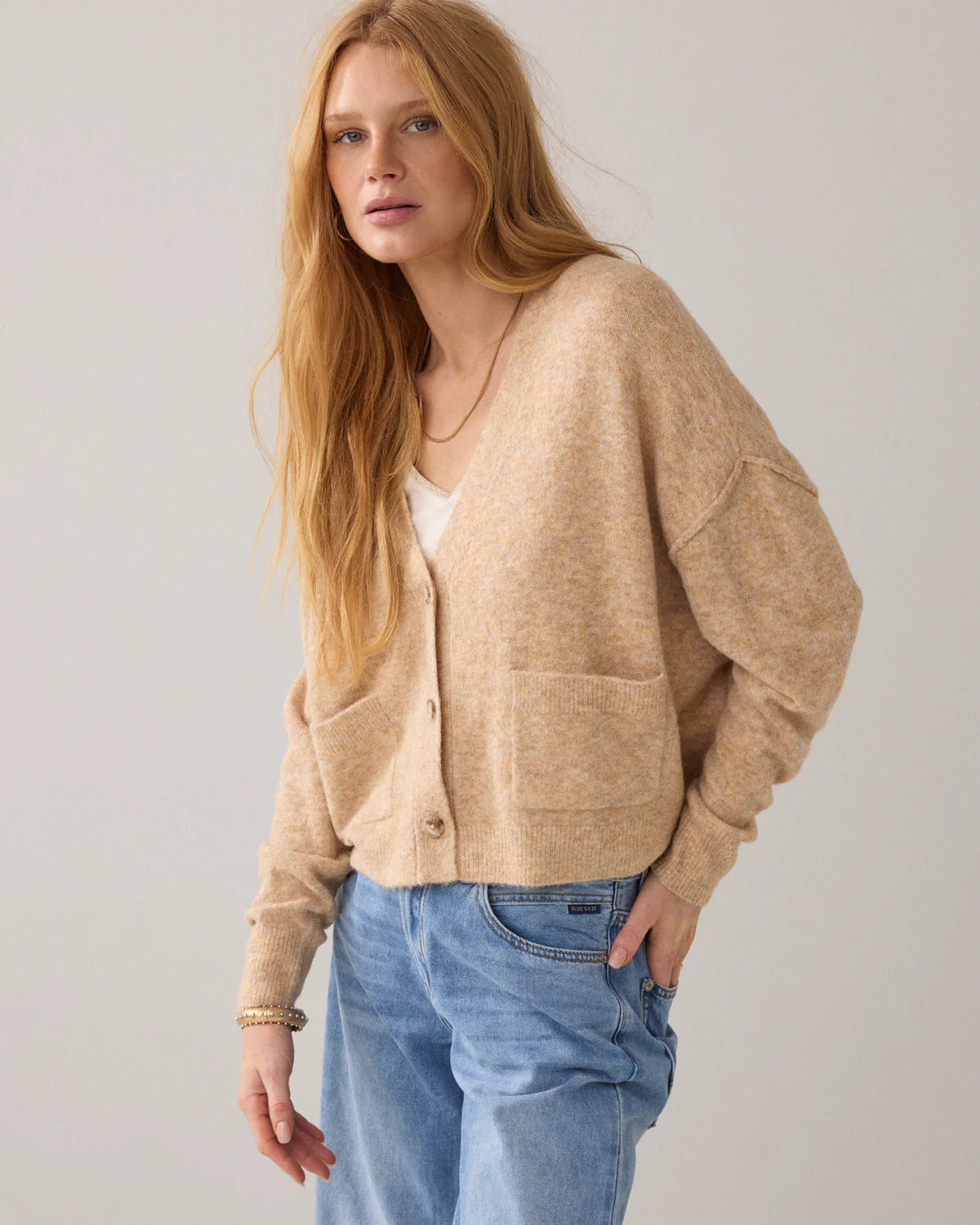Wool Blend Boxy Cardigan in Yellow/Beige