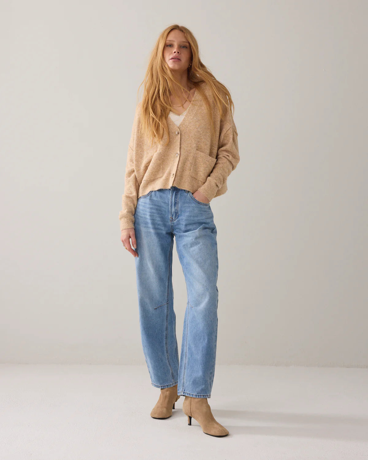 Wool Blend Boxy Cardigan in Yellow/Beige