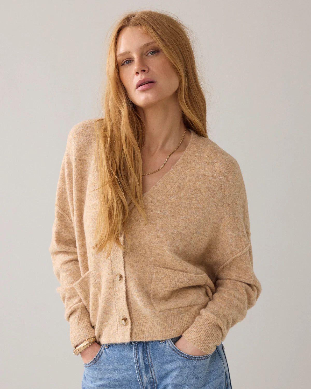 Wool Blend Boxy Cardigan in Yellow/Beige