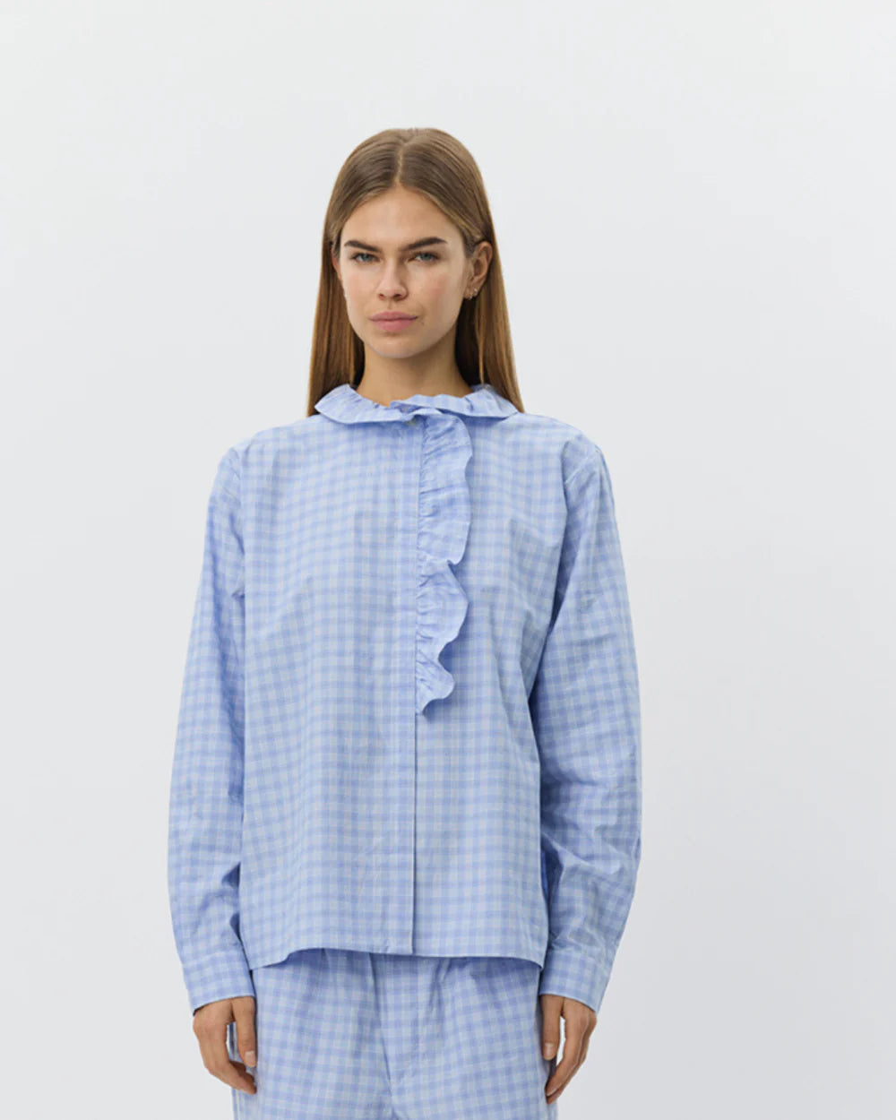 100% Cotton Belle Shirt in Light blue check