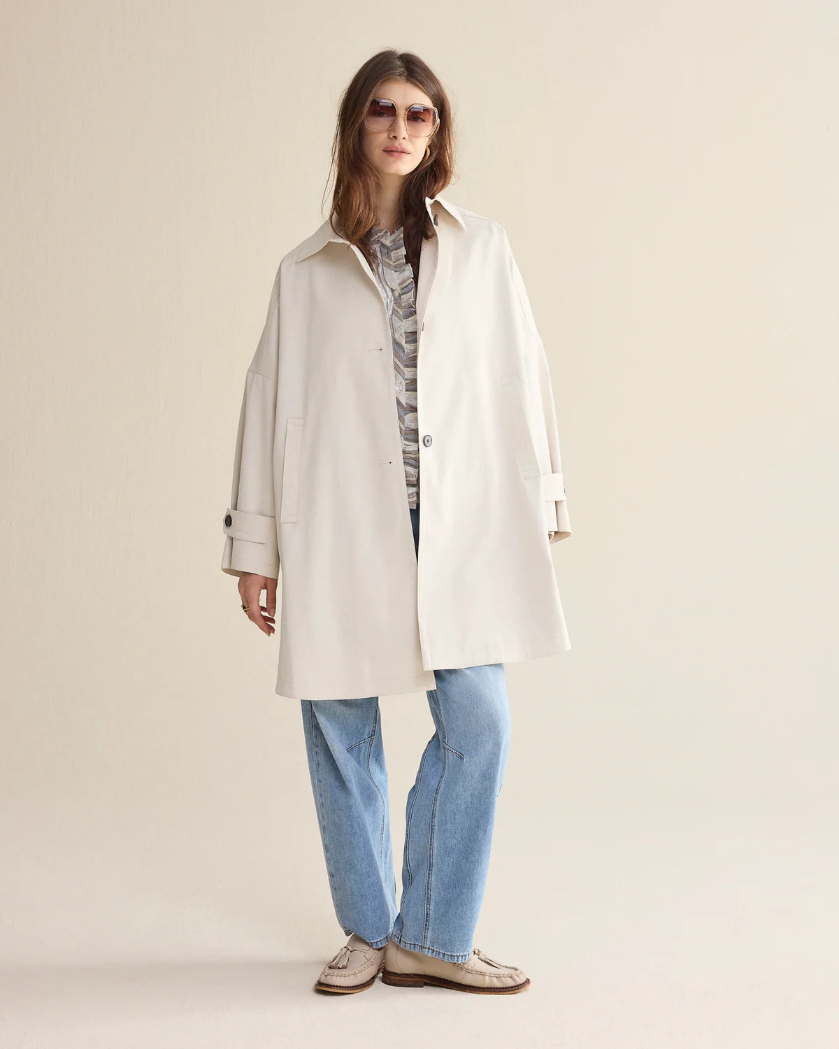 100% Cotton Gabardine Trench Coat in Ivory