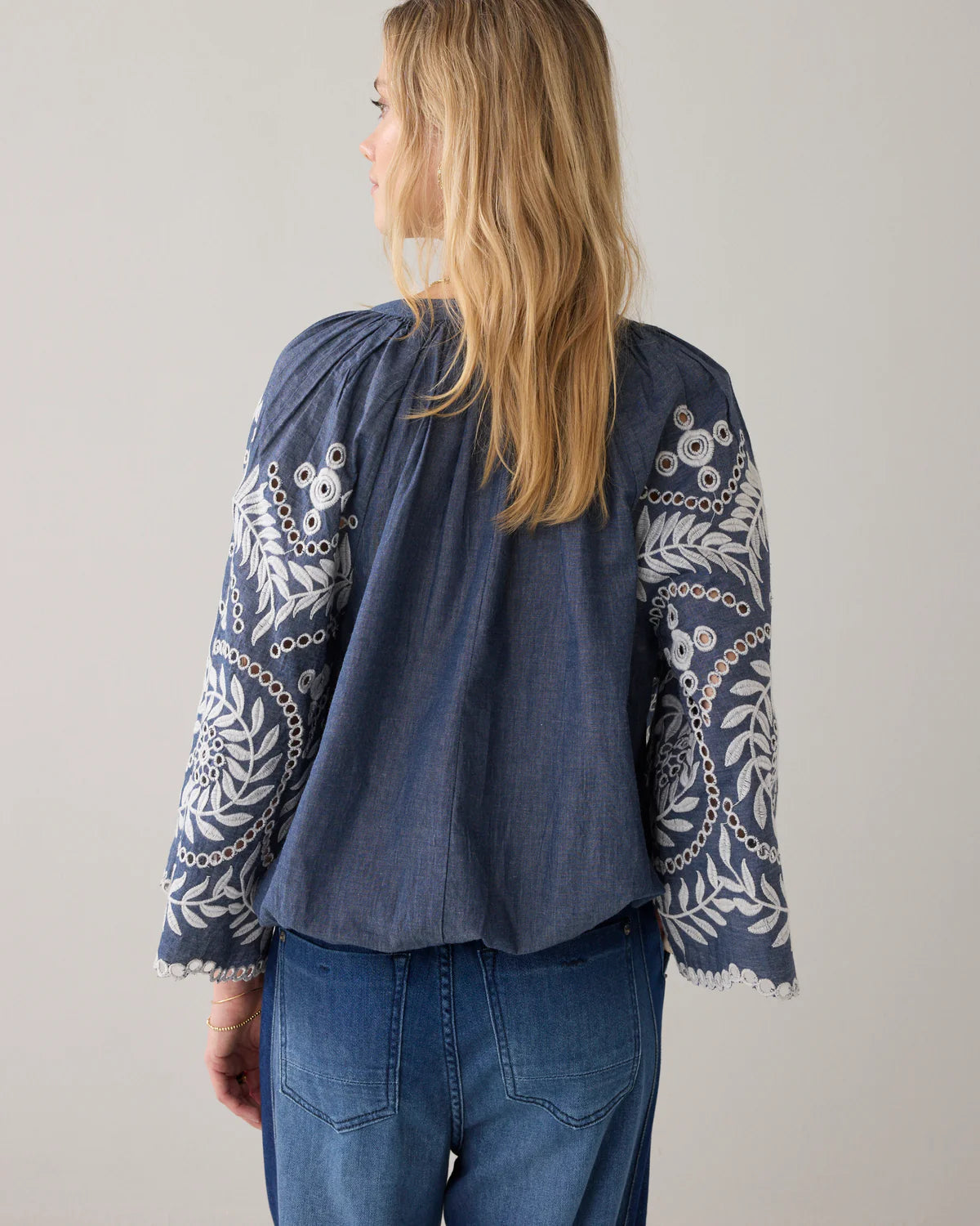 100% Cotton Chambray Top with Embroidery in Indigo