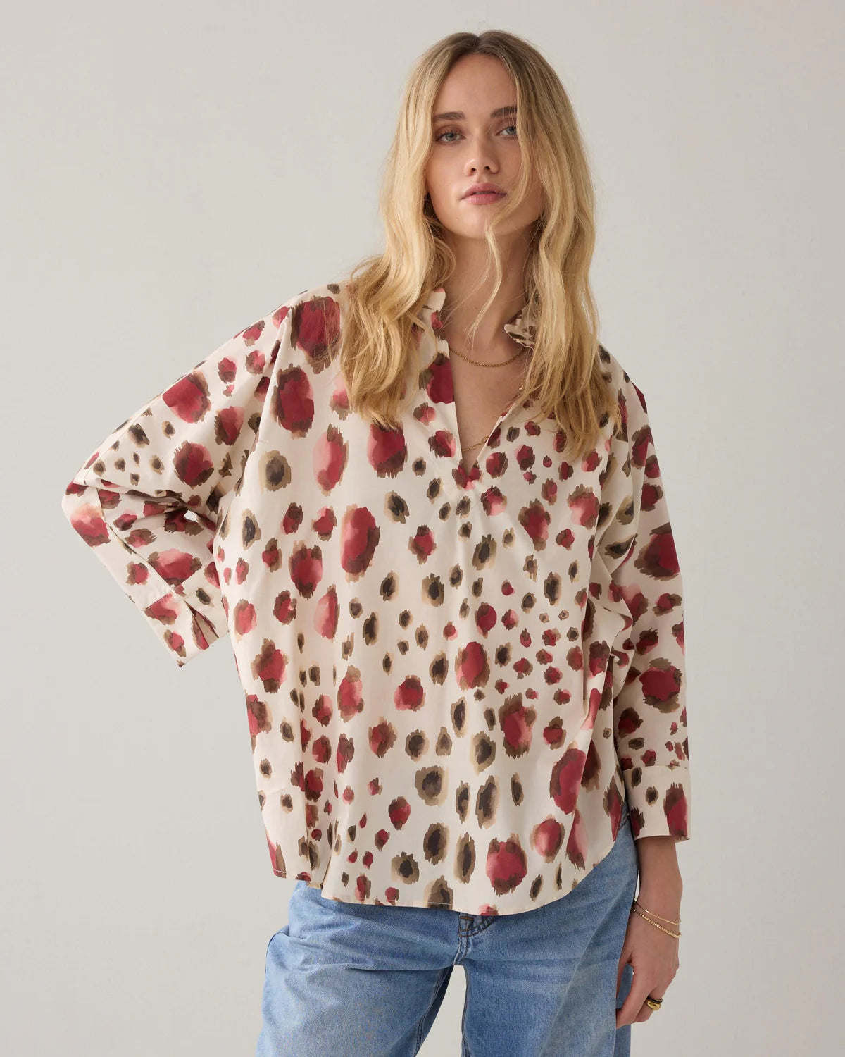 100% Cotton Animal Top in Ivory and Redcurrant