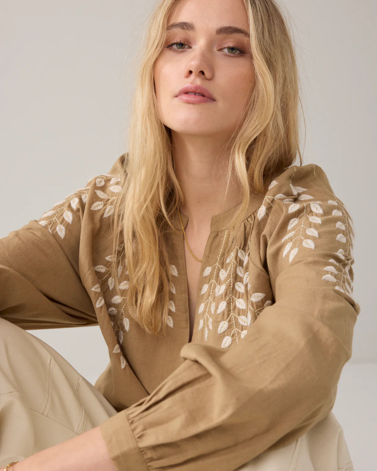 100% Cotton/Linen mix Top with Embroidery in Khaki