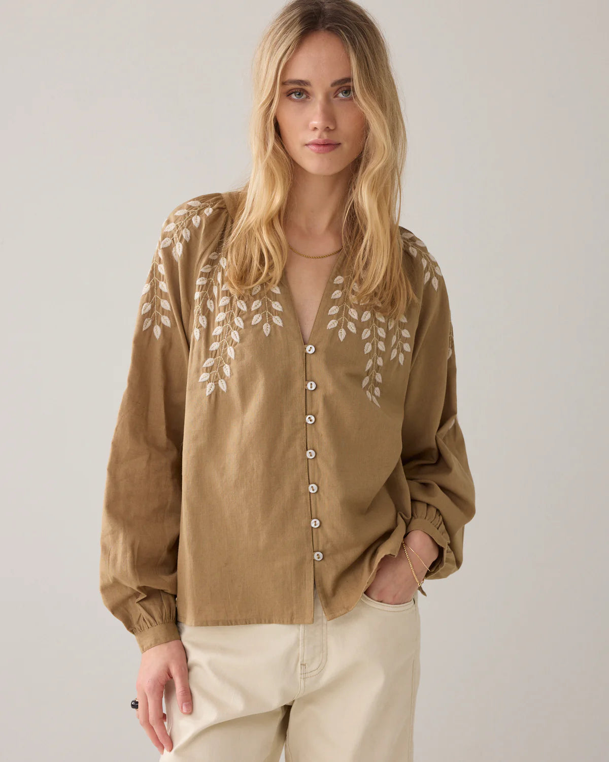 100% Cotton/Linen mix Top with Embroidery in Khaki