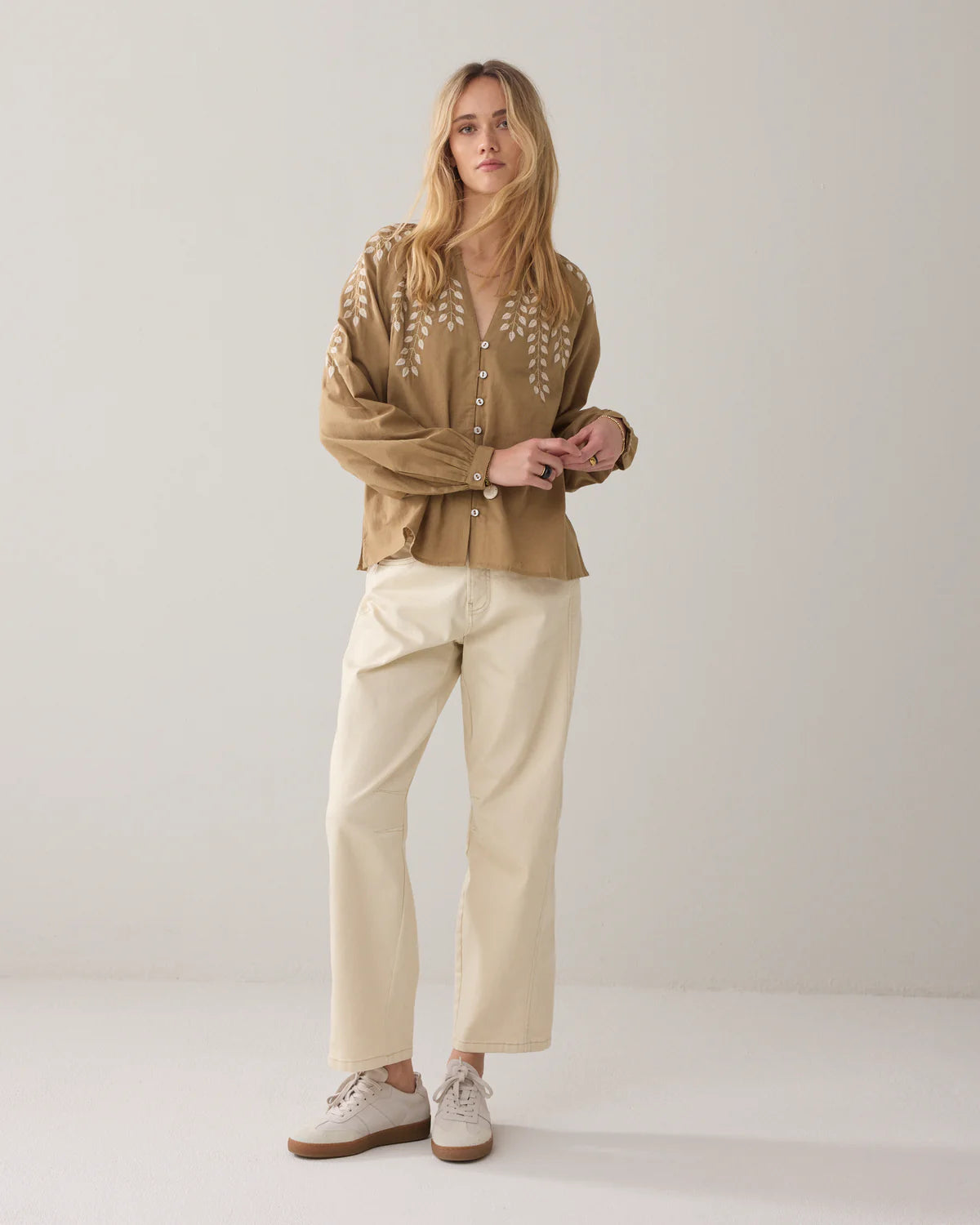 100% Cotton/Linen mix Top with Embroidery in Khaki