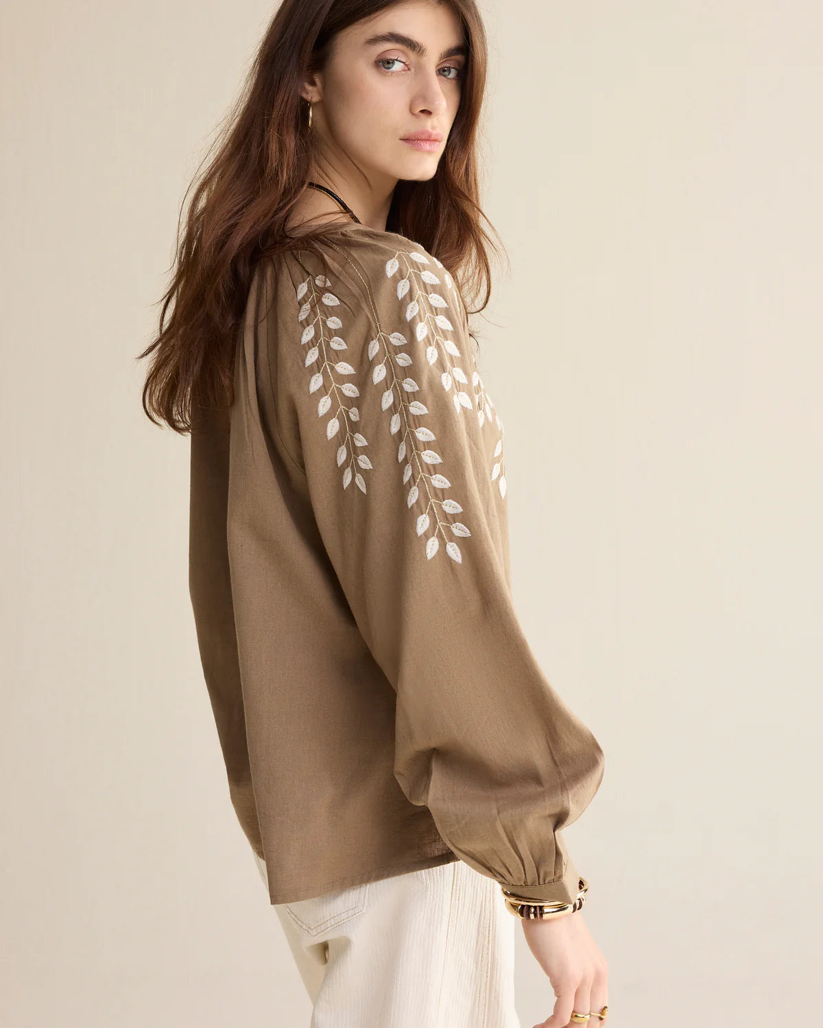 100% Cotton/Linen mix Top with Embroidery in Khaki