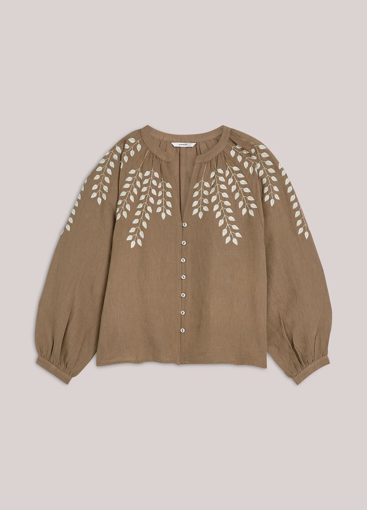 100% Cotton/Linen mix Top with Embroidery in Khaki