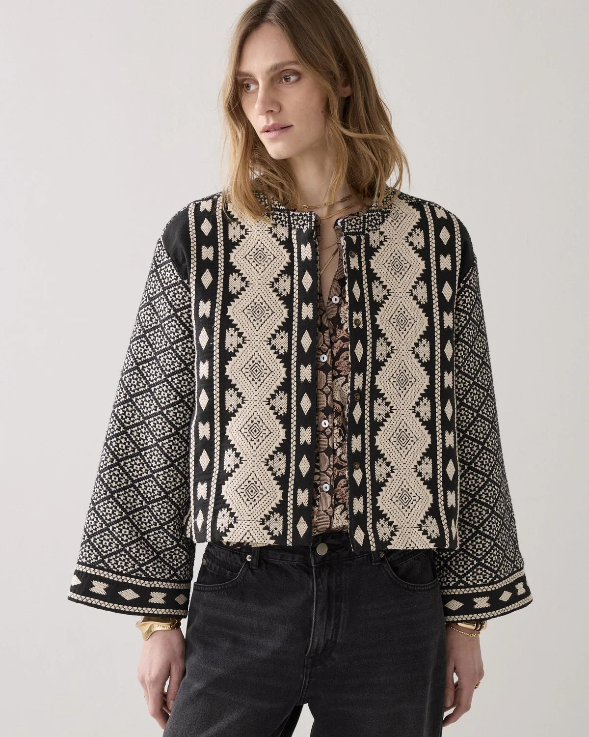 Linen and Cotton Jacket in Ivory and Black