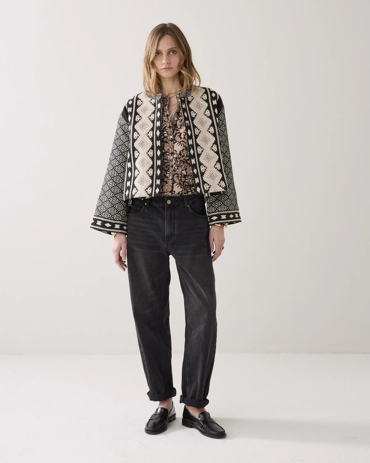 Linen and Cotton Jacket in Ivory and Black