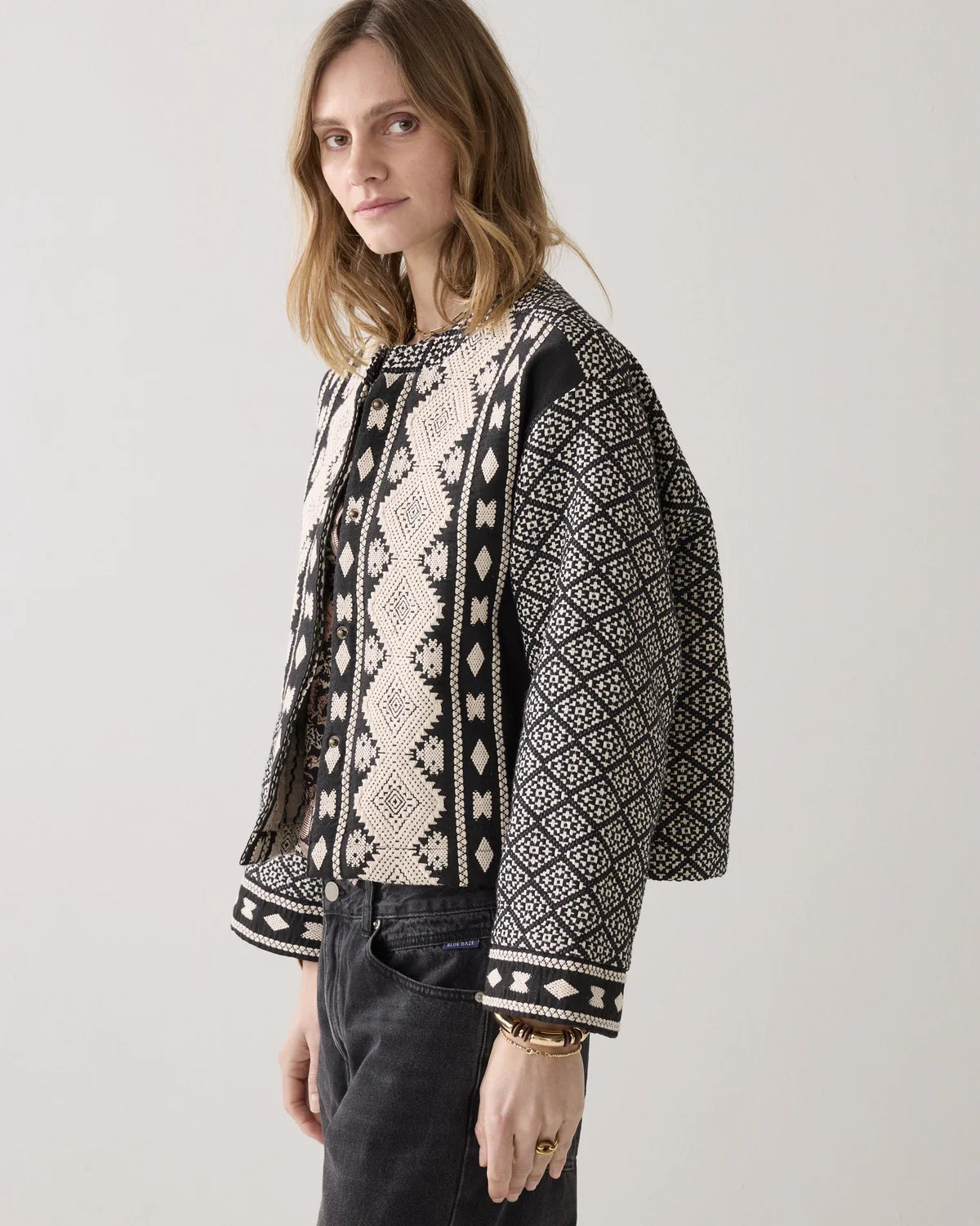 Linen and Cotton Jacket in Ivory and Black
