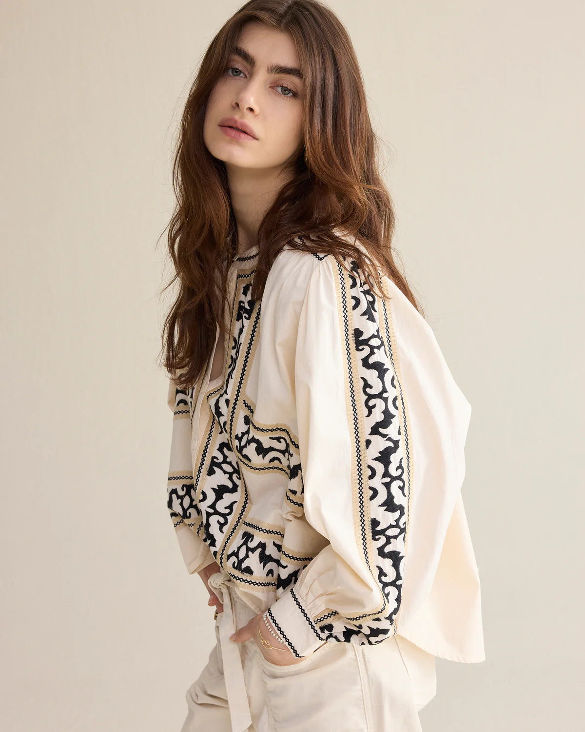 100% Cotton Embroidered Blouse in Ivory and Charcoal