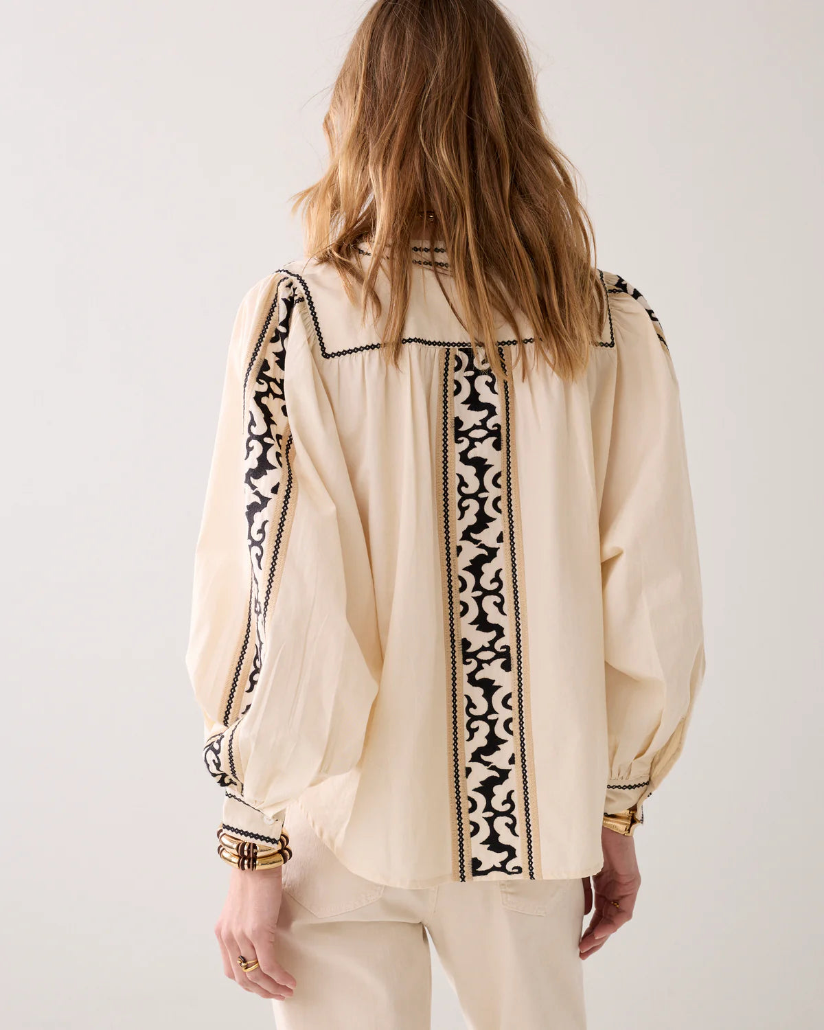100% Cotton Embroidered Blouse in Ivory and Charcoal