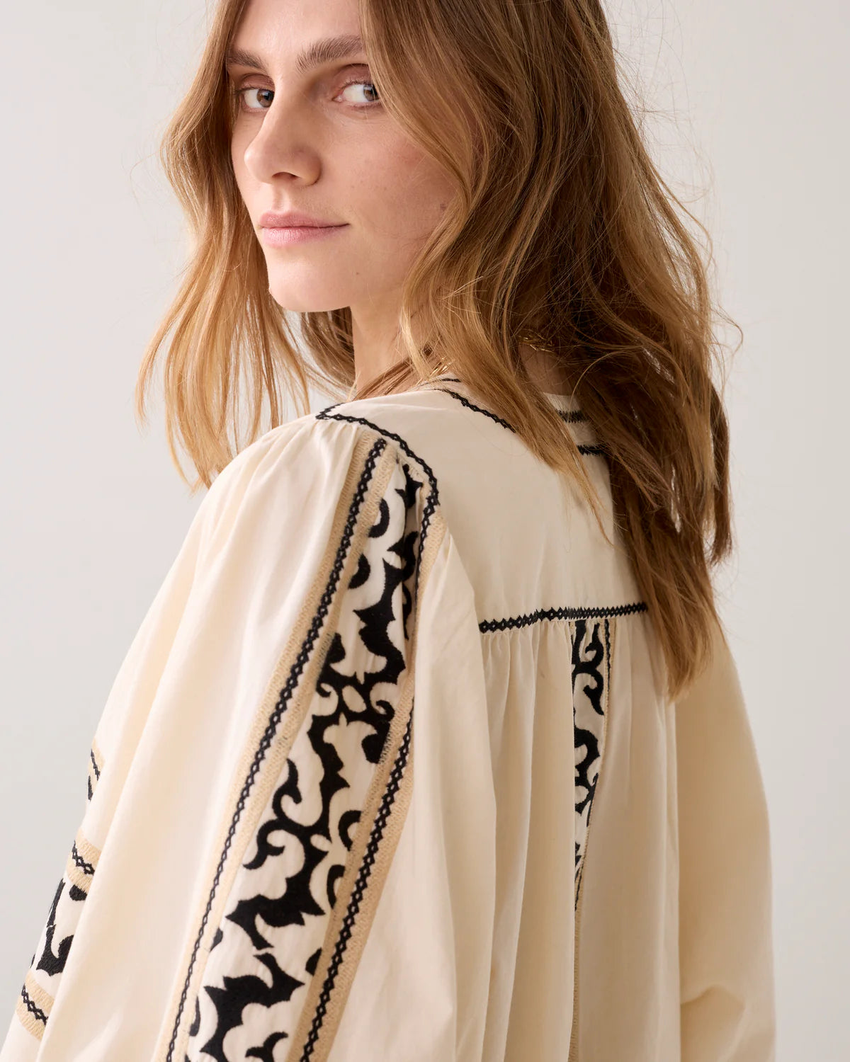 100% Cotton Embroidered Blouse in Ivory and Charcoal