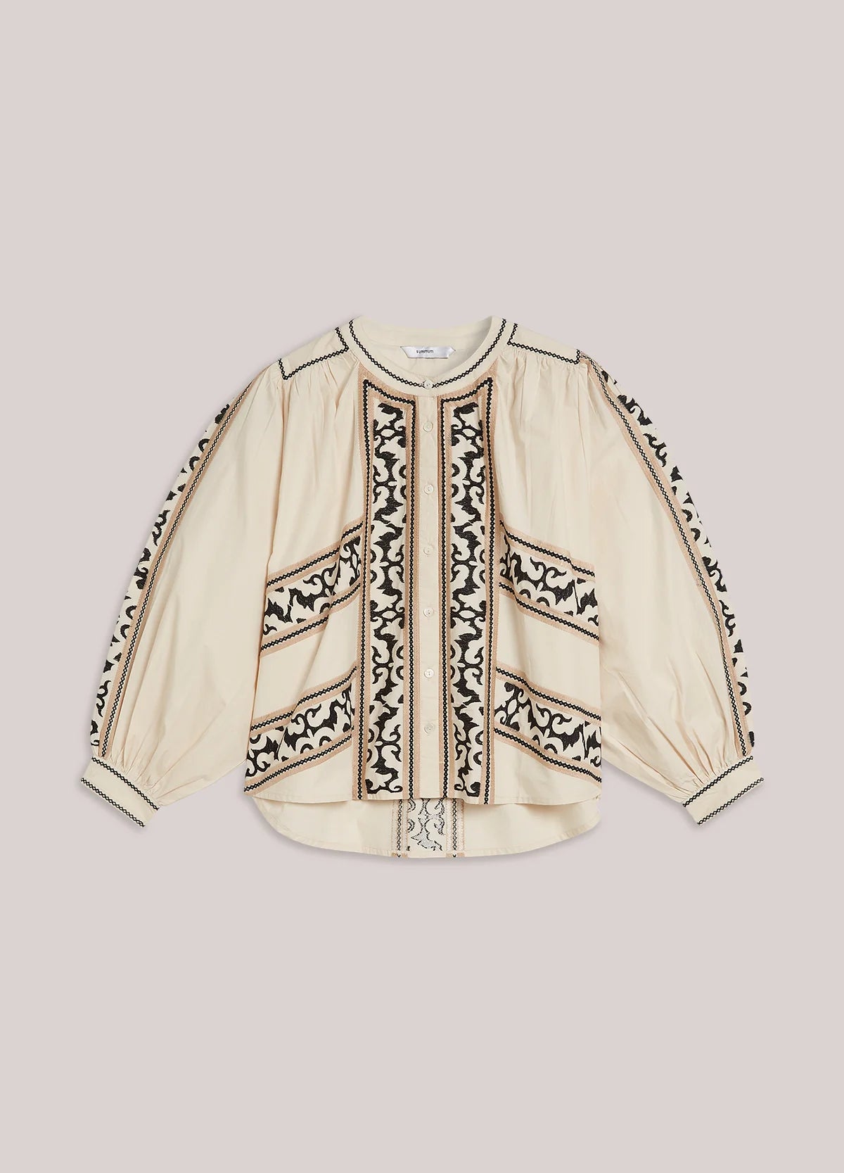 100% Cotton Embroidered Blouse in Ivory and Charcoal