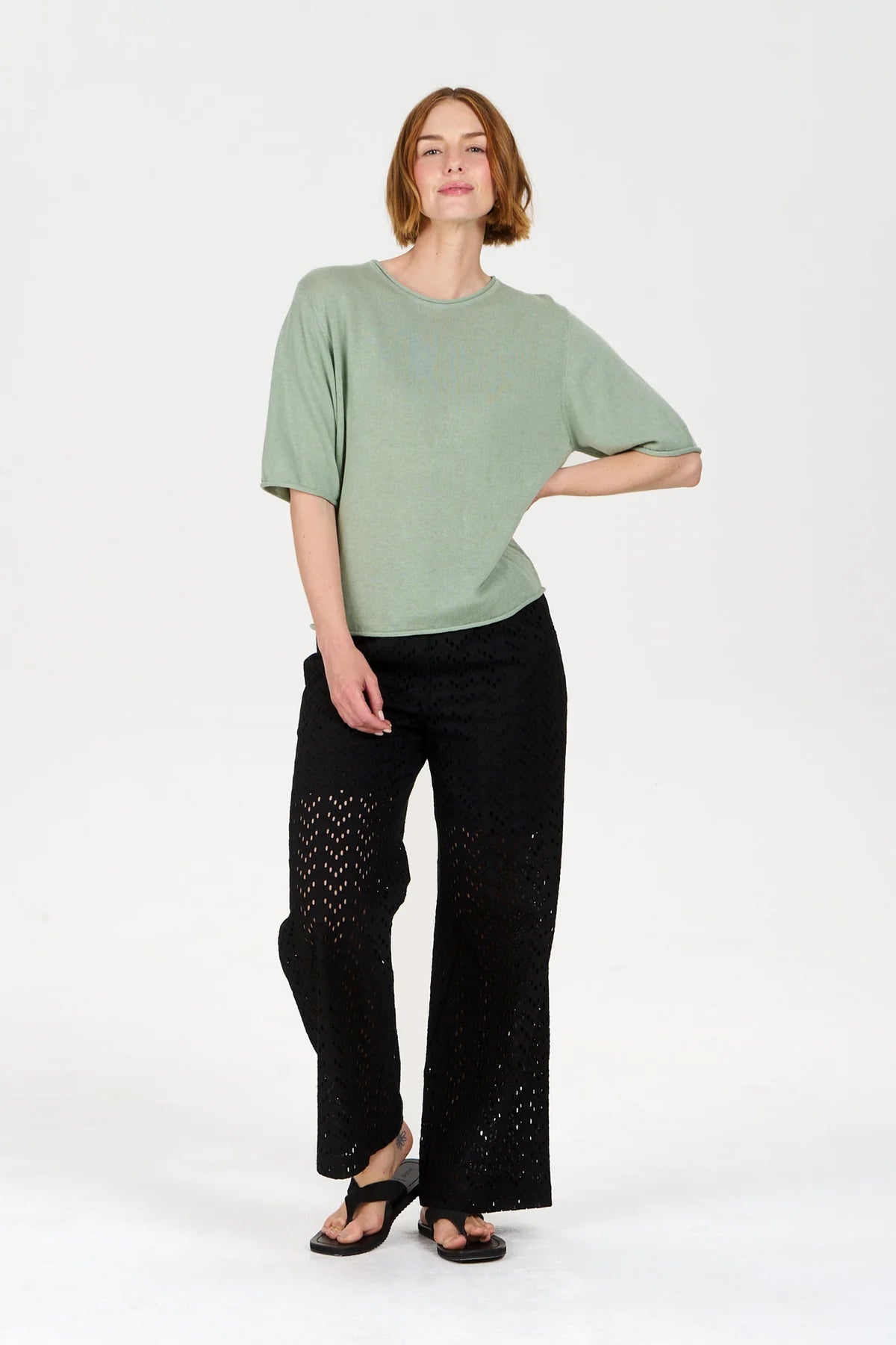 CAMILLE 100% Linen and Cotton Elbow Sleeved Top in Sage Green