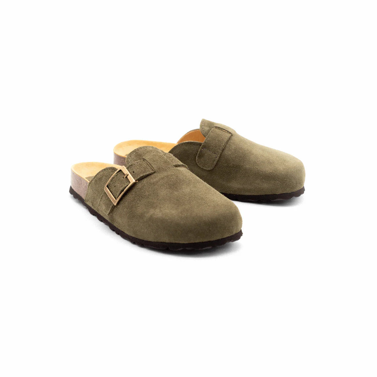 100% Leather Suede Lisbon Clogs in Olive Green