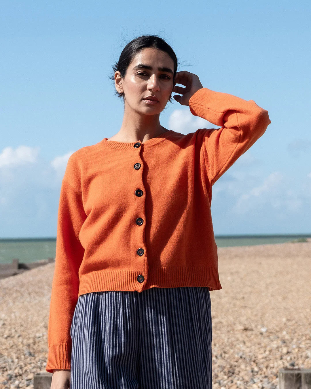 100% Merino Lambswool Eva Crew Neck Cardigan in Mandarin