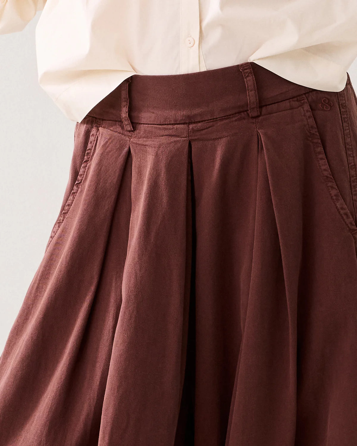 Cotton and Lyocell Wide Legged Culottes in Burgundy Brown