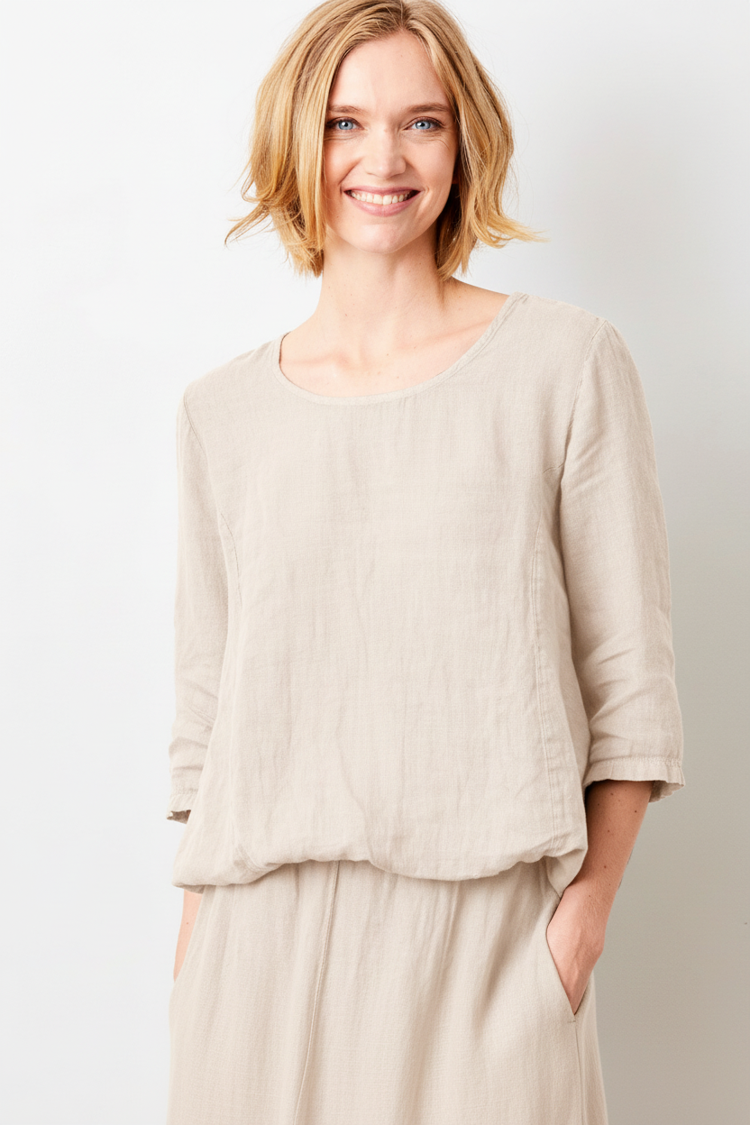 100% Linen Sonita Bubble Hem Long Sleeve Top in Nude