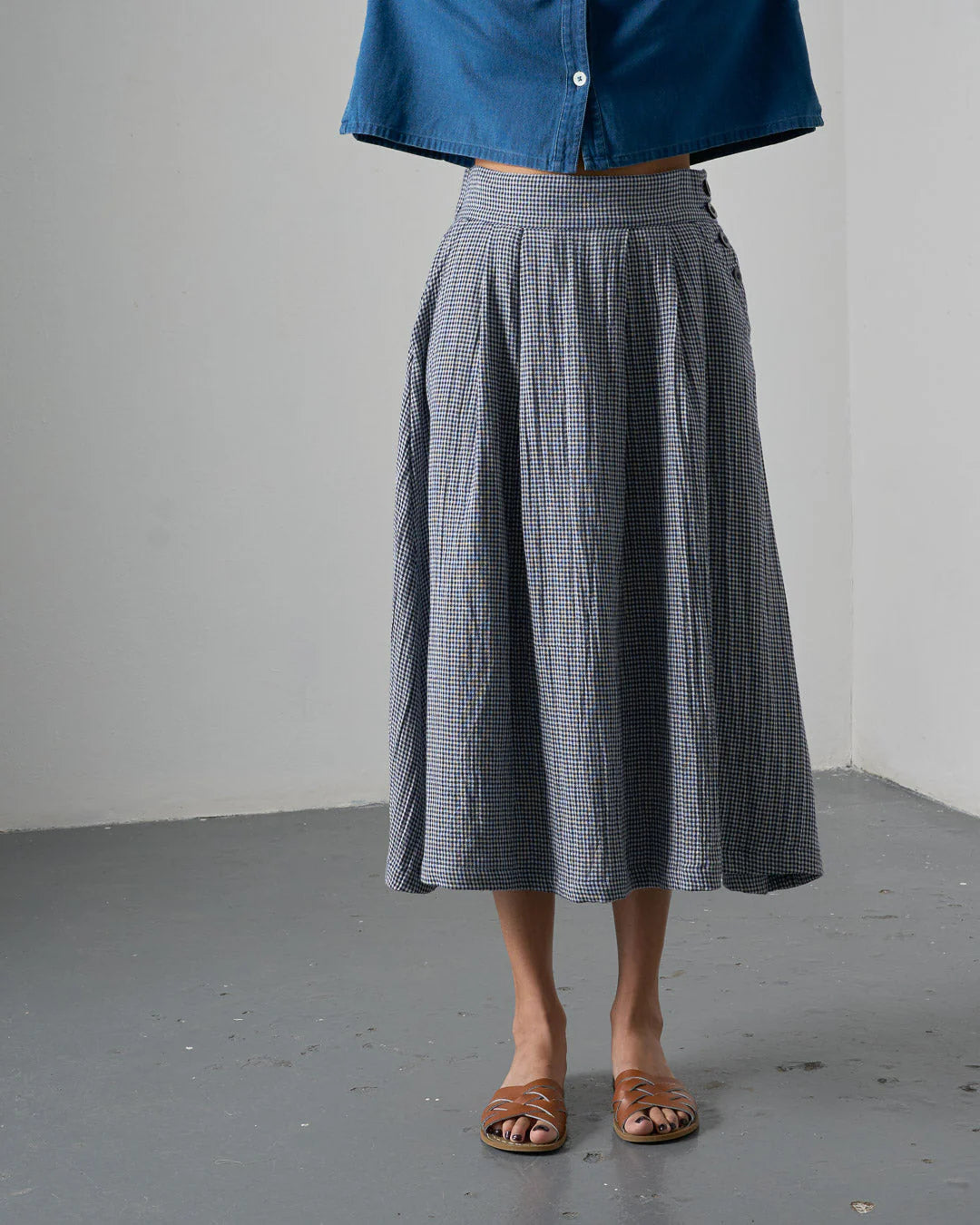 100% Cotton Wander Midi Skirt in Navy Check