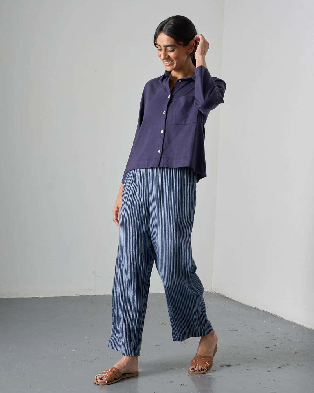 Clara Cropped Trousers in Navy Stripe