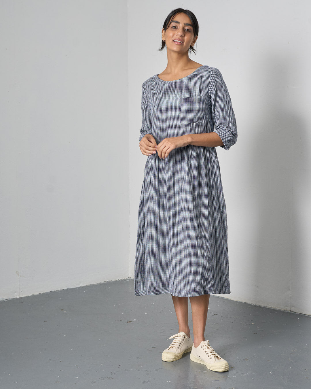 Orla 100% Organic Cotton Day Dress in Navy and White check
