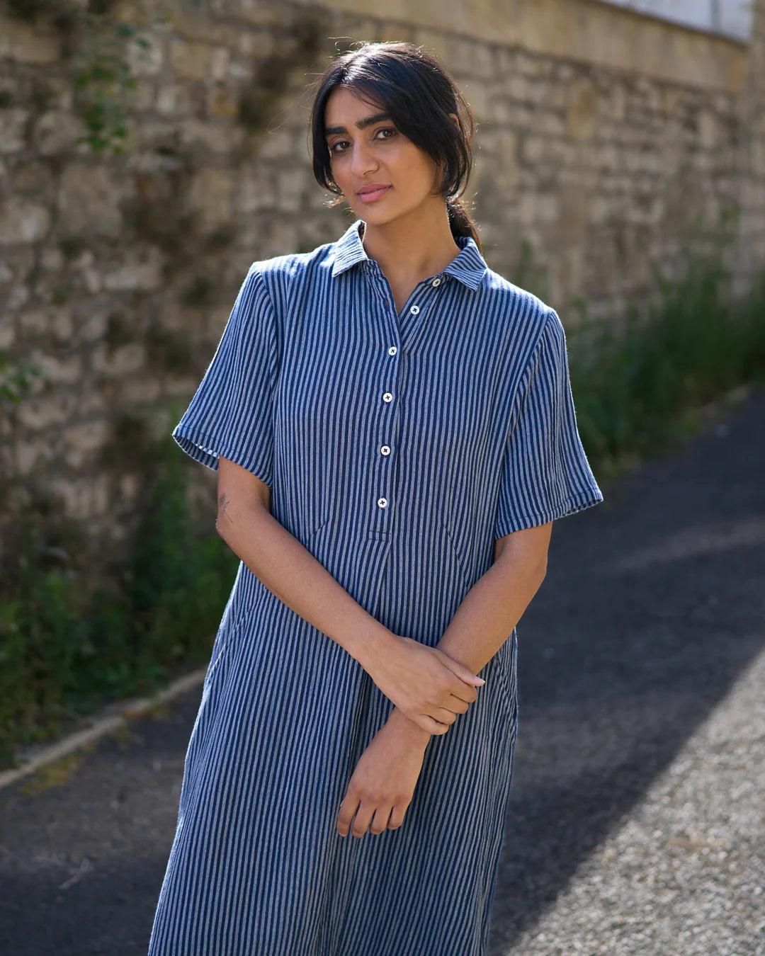 100% Cotton Alexa Shirt Dress in Navy Gingham Check