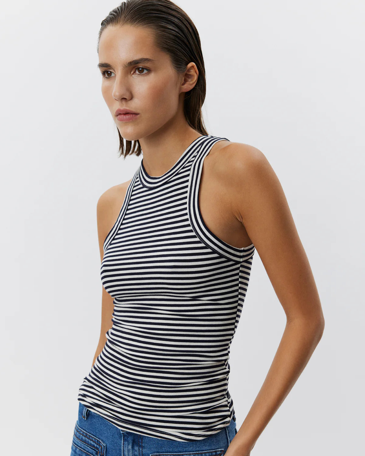 100% Cotton Viscose Jullie Vest Top in Navy and White Stripe