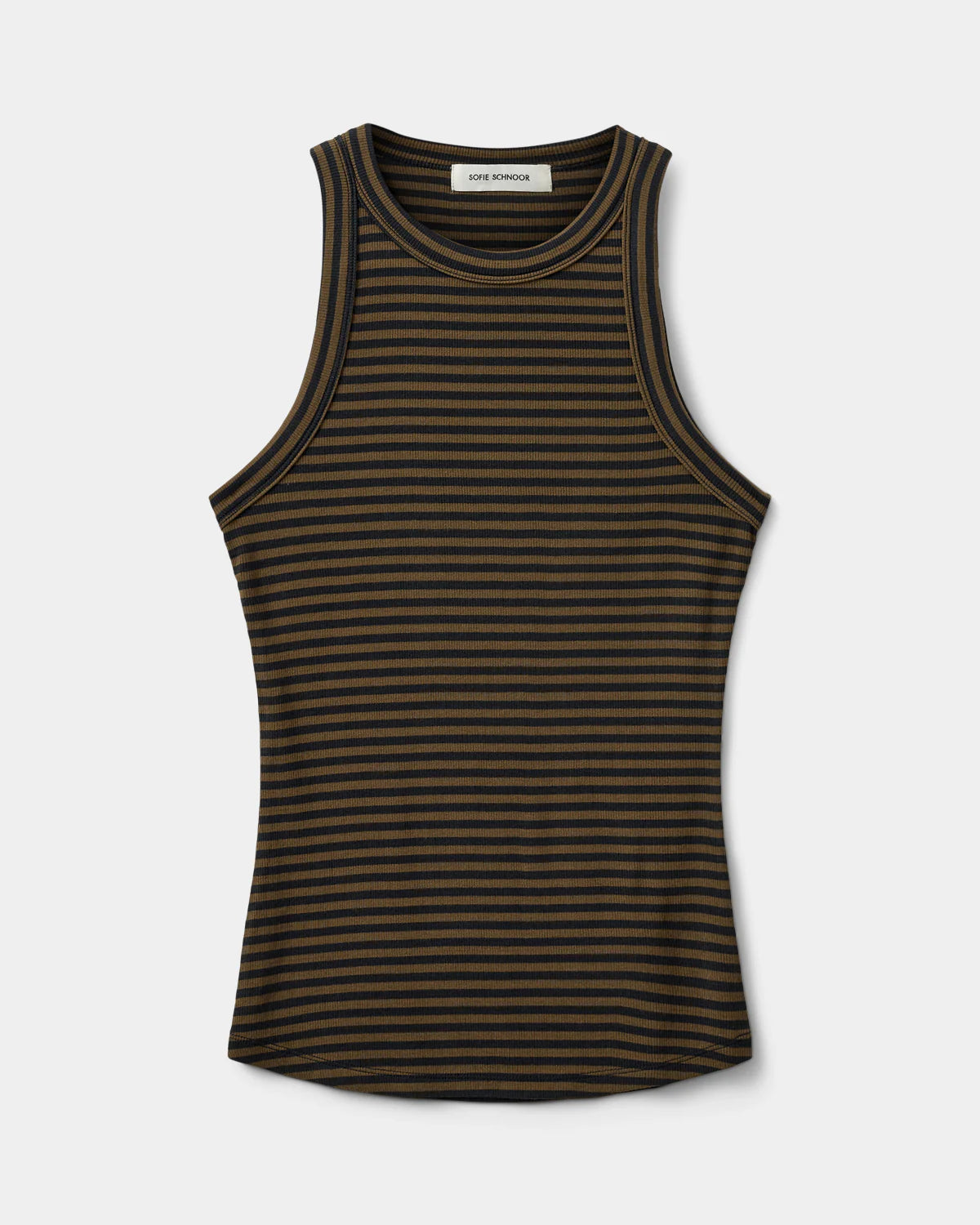 100% Cotton Viscose Jullie Vest Top in Dark Brown and Black Stripe