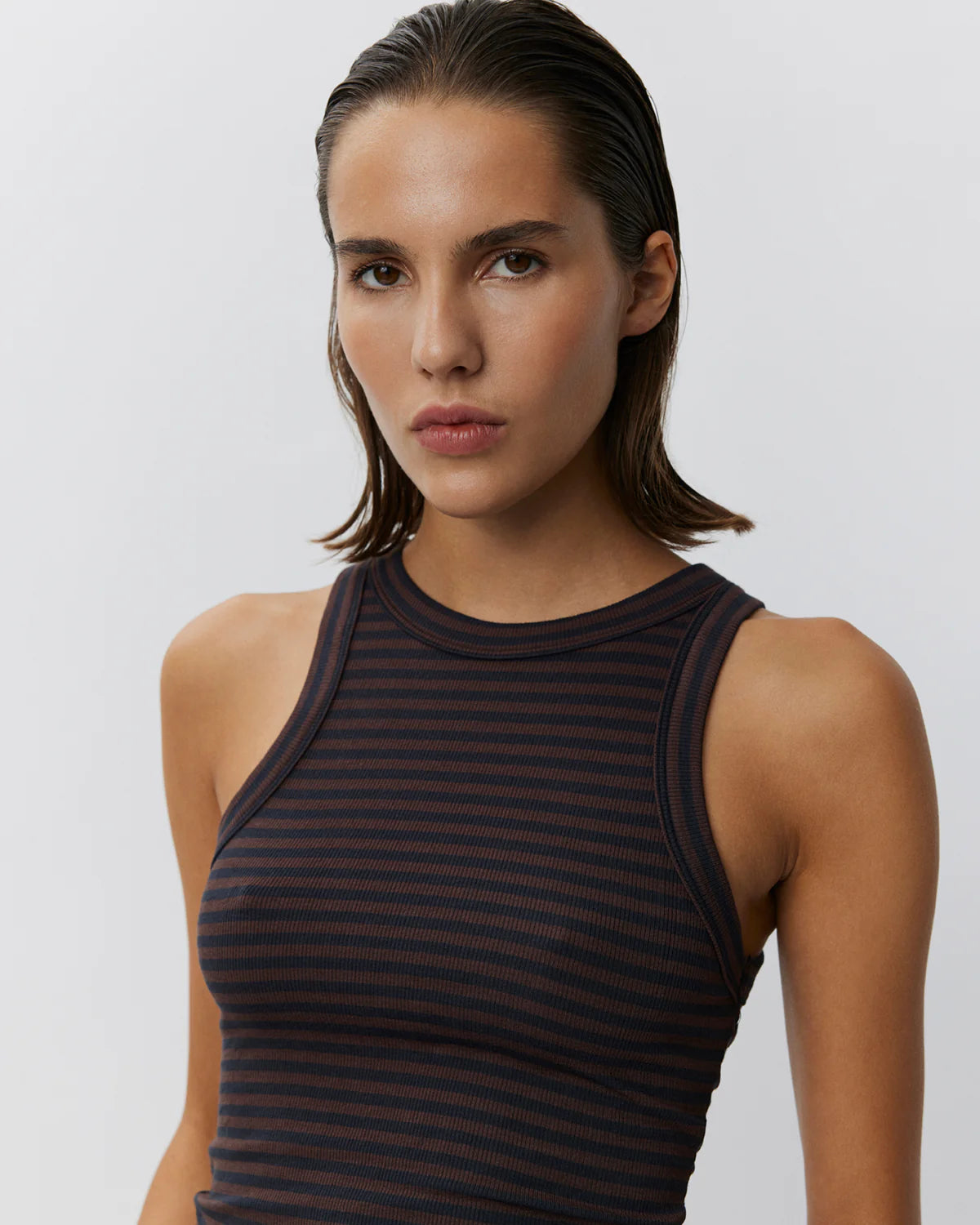 100% Cotton Viscose Jullie Vest Top in Dark Brown and Black Stripe