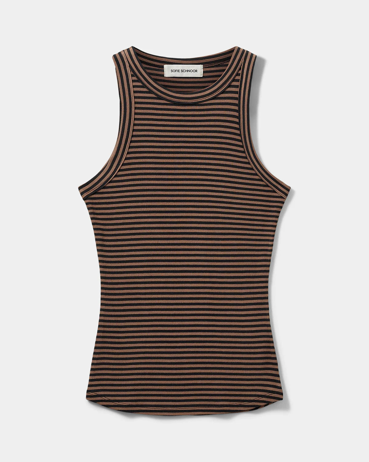 100% Cotton Viscose Jullie Vest Top in Light Brown and Black Stripe