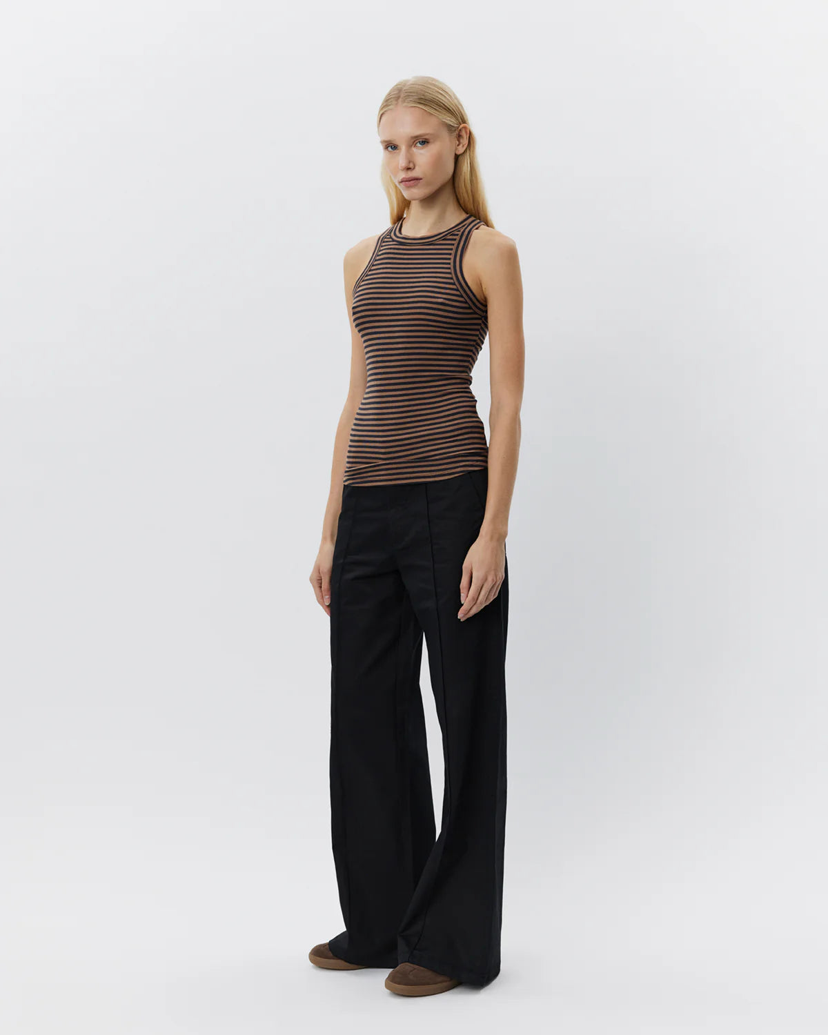 100% Cotton Viscose Jullie Vest Top in Light Brown and Black Stripe