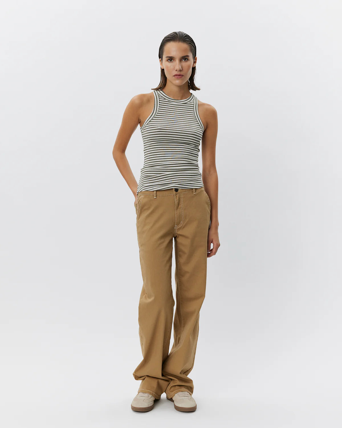 100% Cotton Viscose Jullie Vest Top in Olive and White Stripe