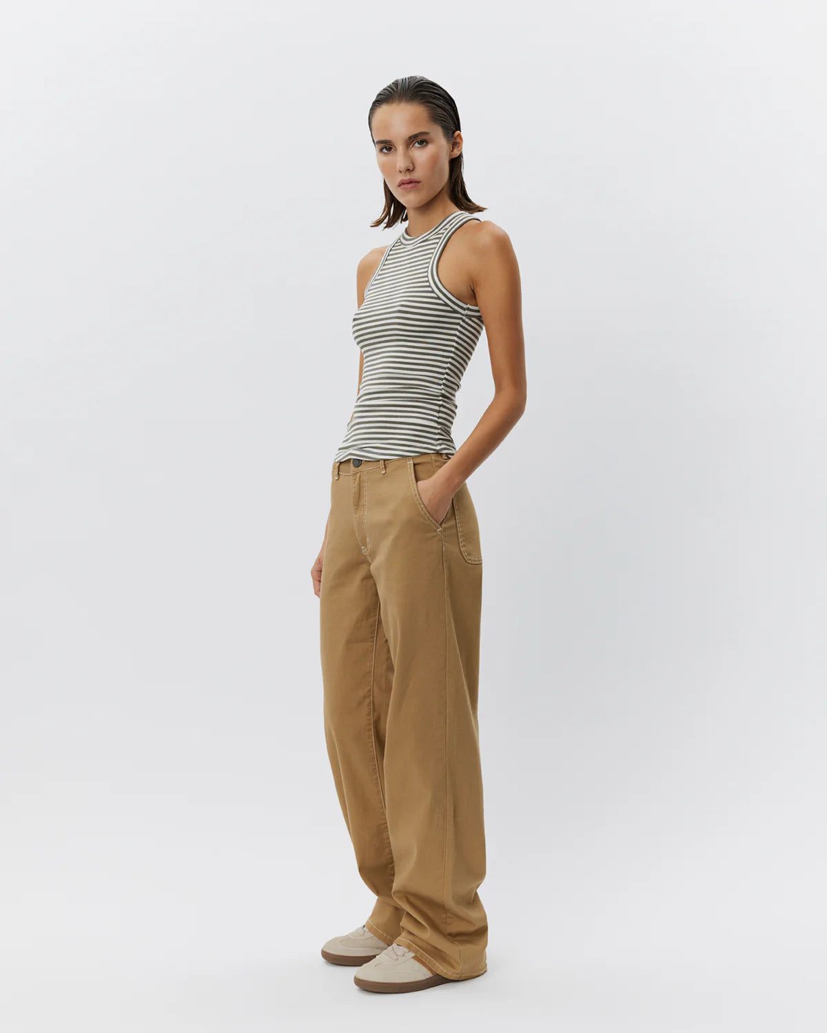 100% Cotton Viscose Jullie Vest Top in Olive and White Stripe