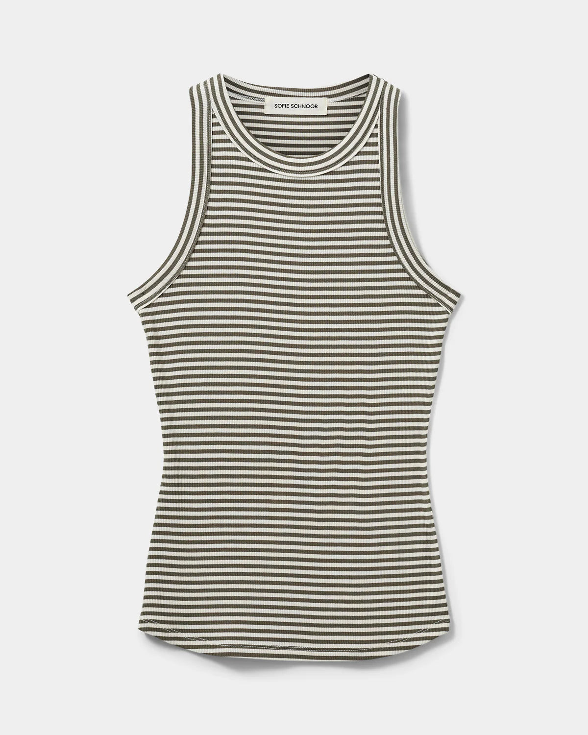 100% Cotton Viscose Jullie Vest Top in Olive and White Stripe