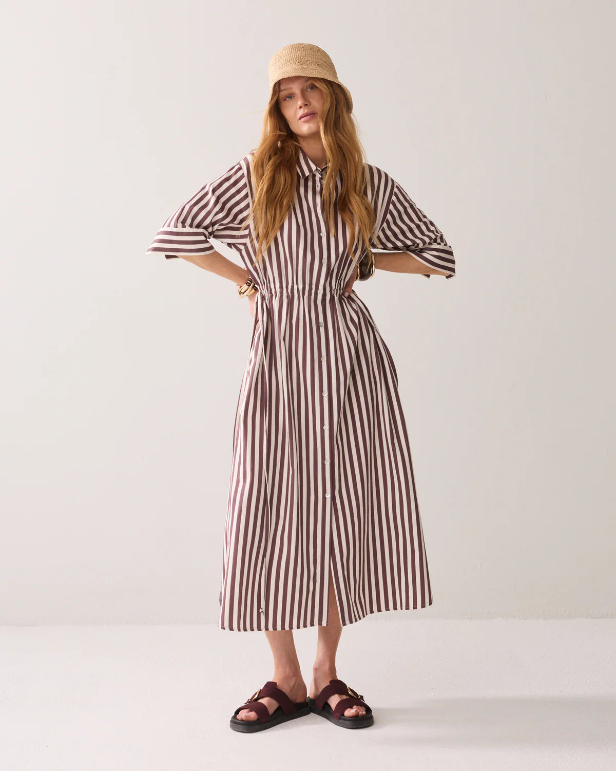 100% Cotton Striped Dress in Deep Fig pockets