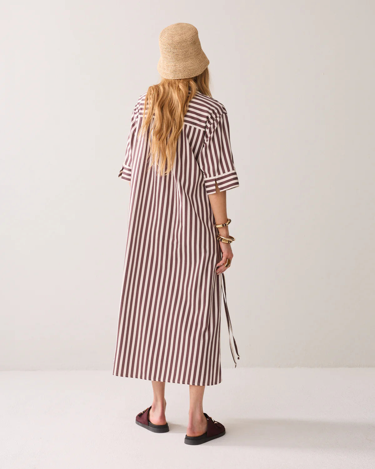 100% Cotton Striped Dress in Deep Fig pockets
