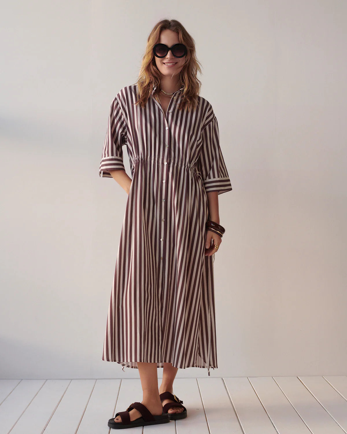 100% Cotton Striped Dress in Deep Fig pockets