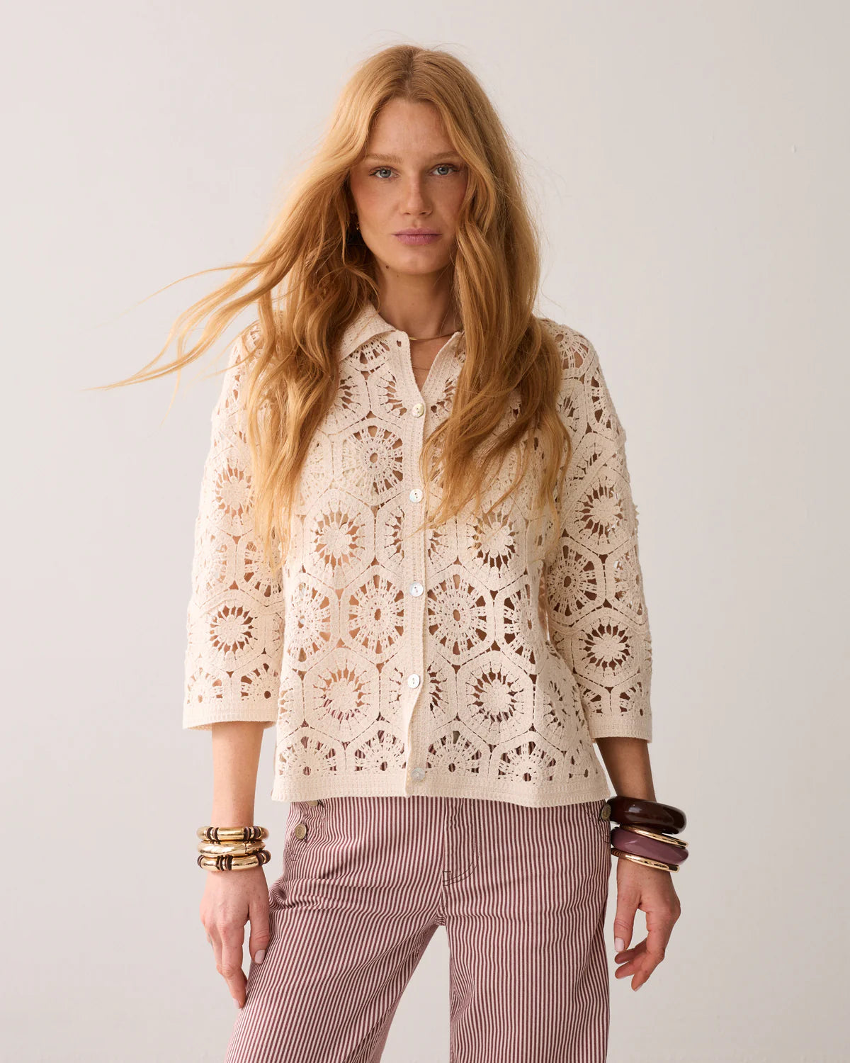 100% Cotton Crochet Cardigan in Pebble Beige