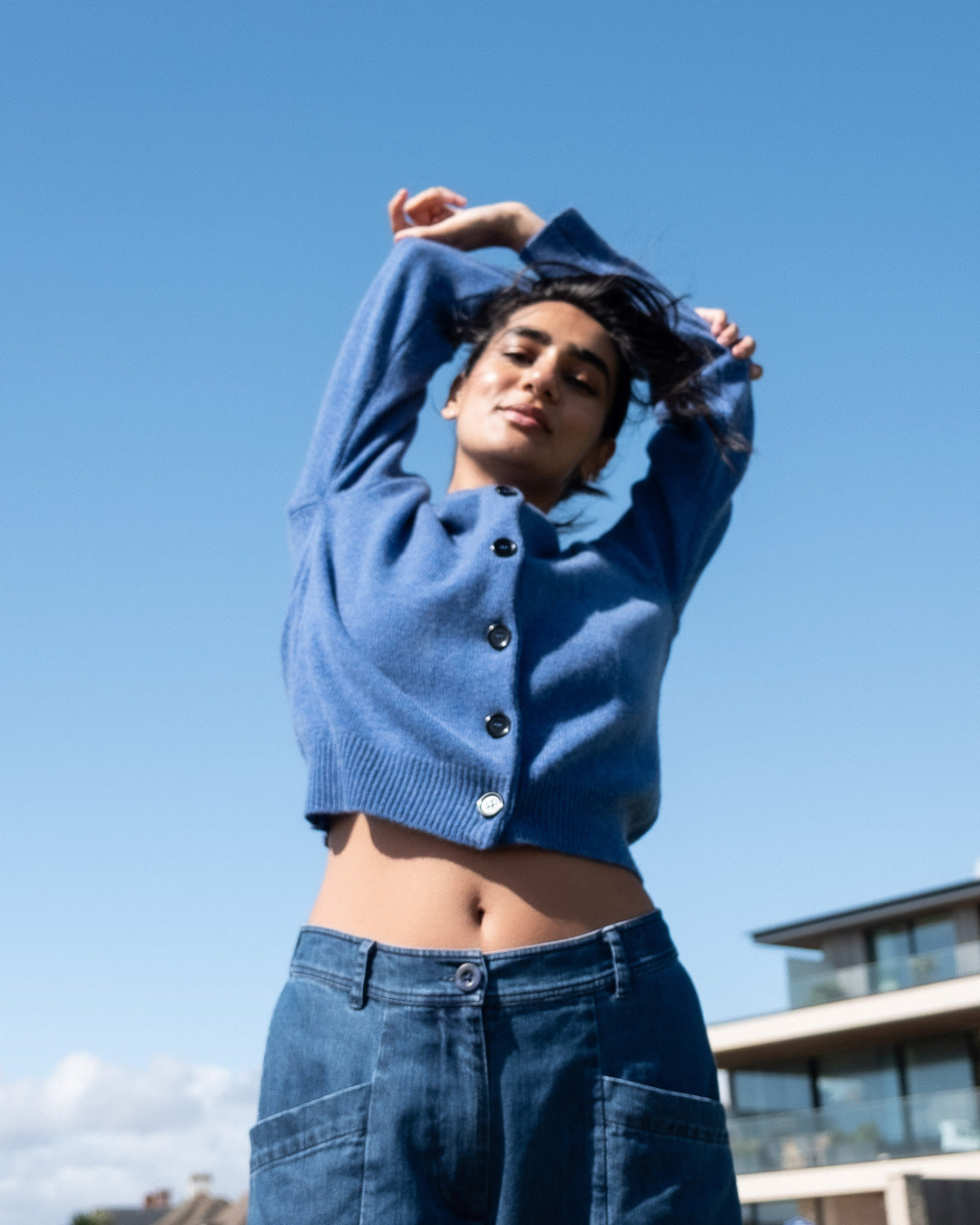 100% Merino Lambswool Eva Crew Neck Cardigan in Med Blue