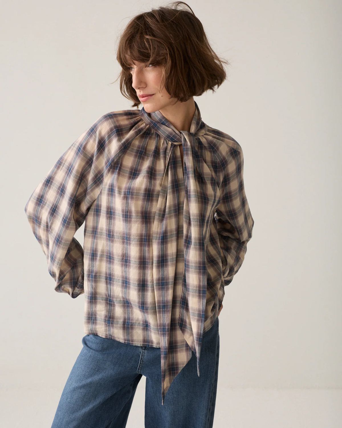100% Cotton Blouse in Brown and Teal Blue Check