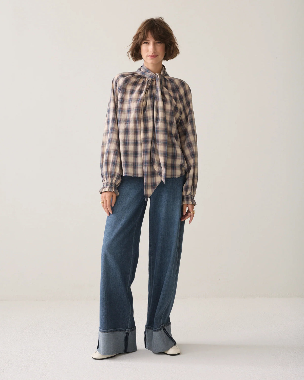 100% Cotton Blouse in Brown and Teal Blue Check