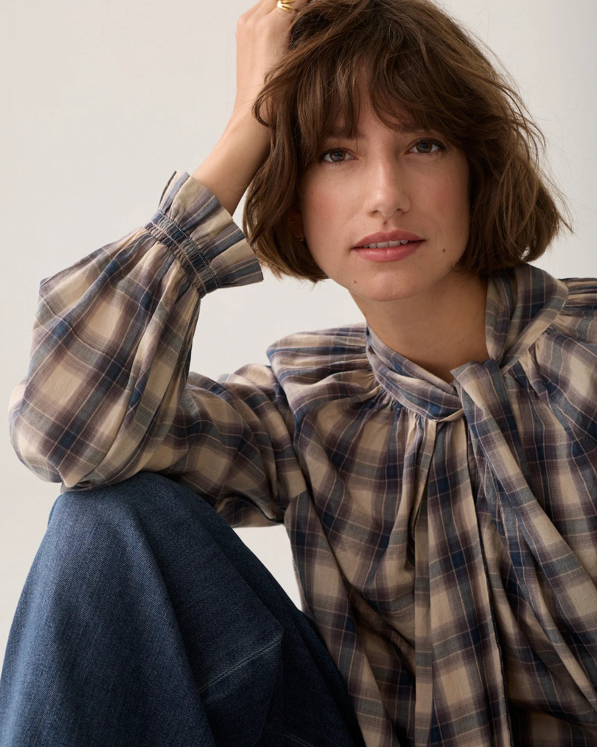 100% Cotton Blouse in Brown and Teal Blue Check