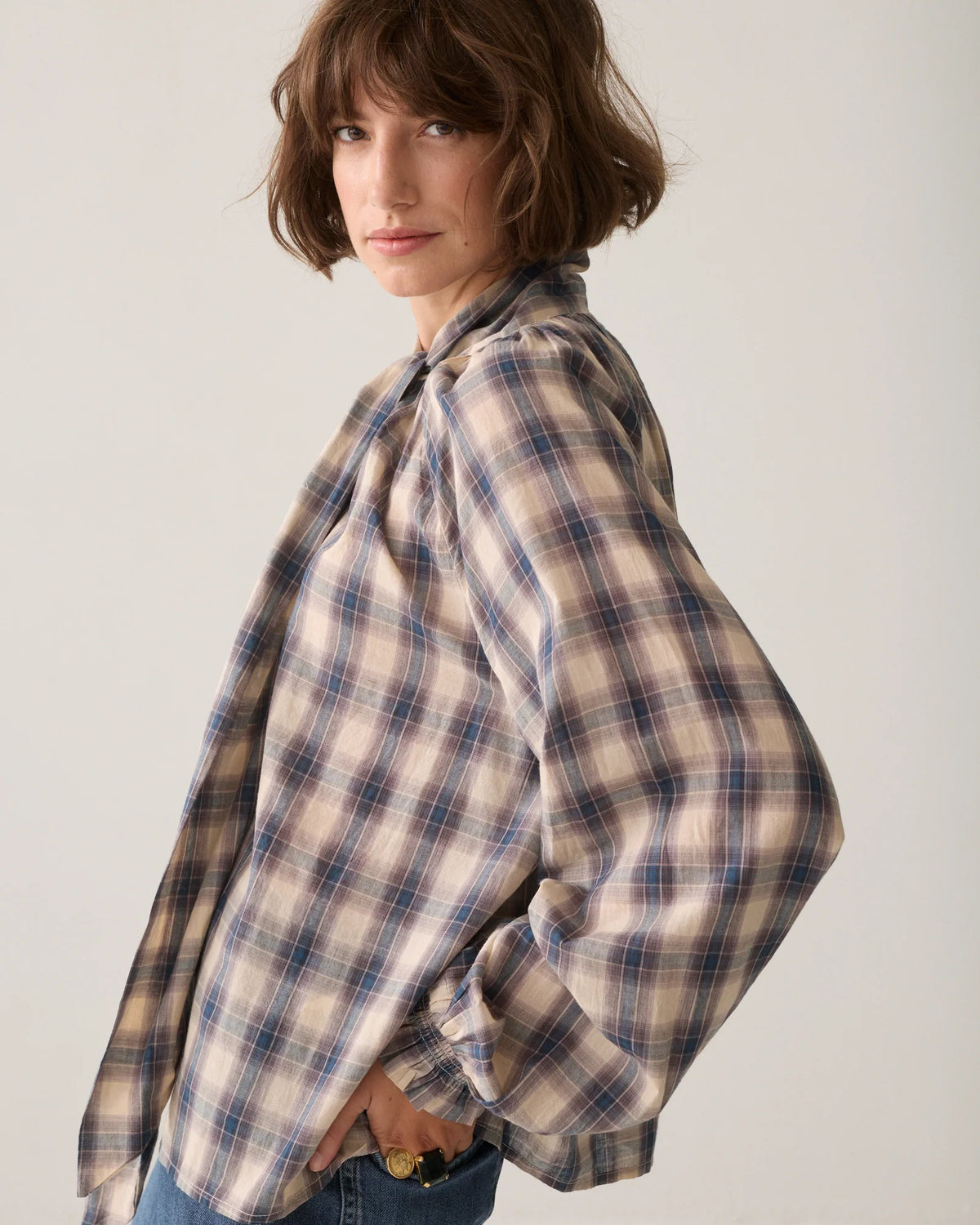 100% Cotton Blouse in Brown and Teal Blue Check
